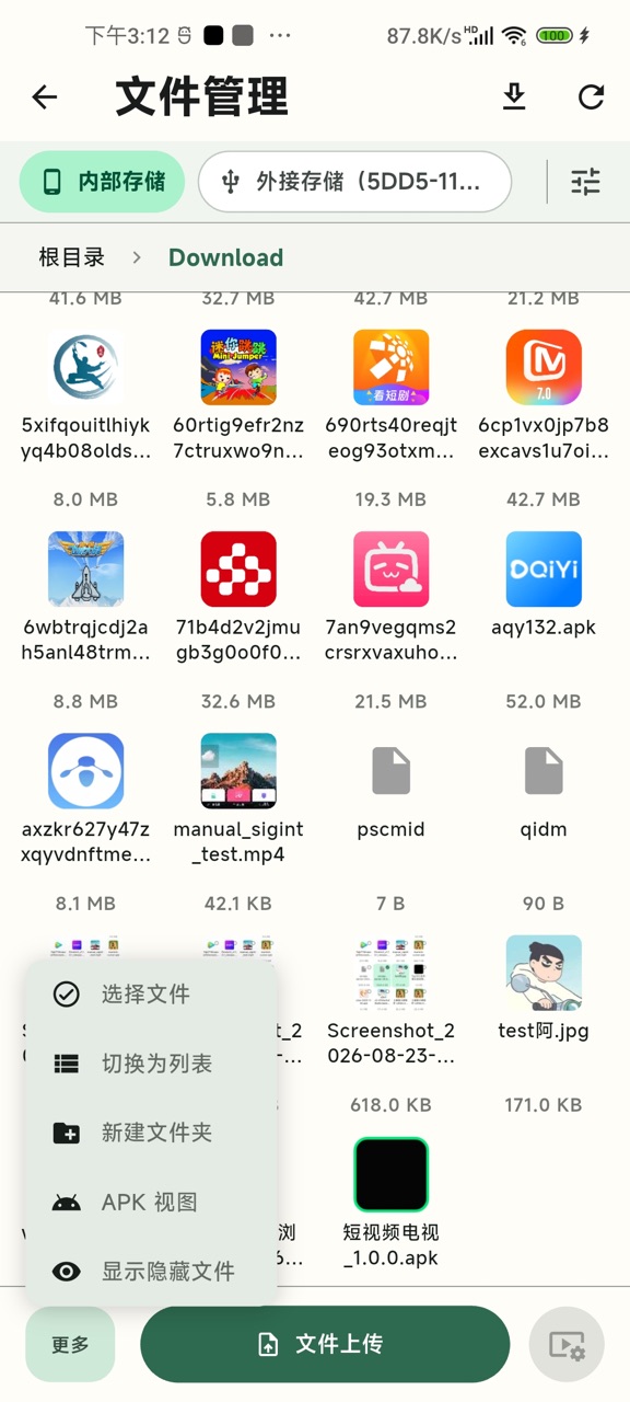 文件管理界面：浏览电视存储与上传文件